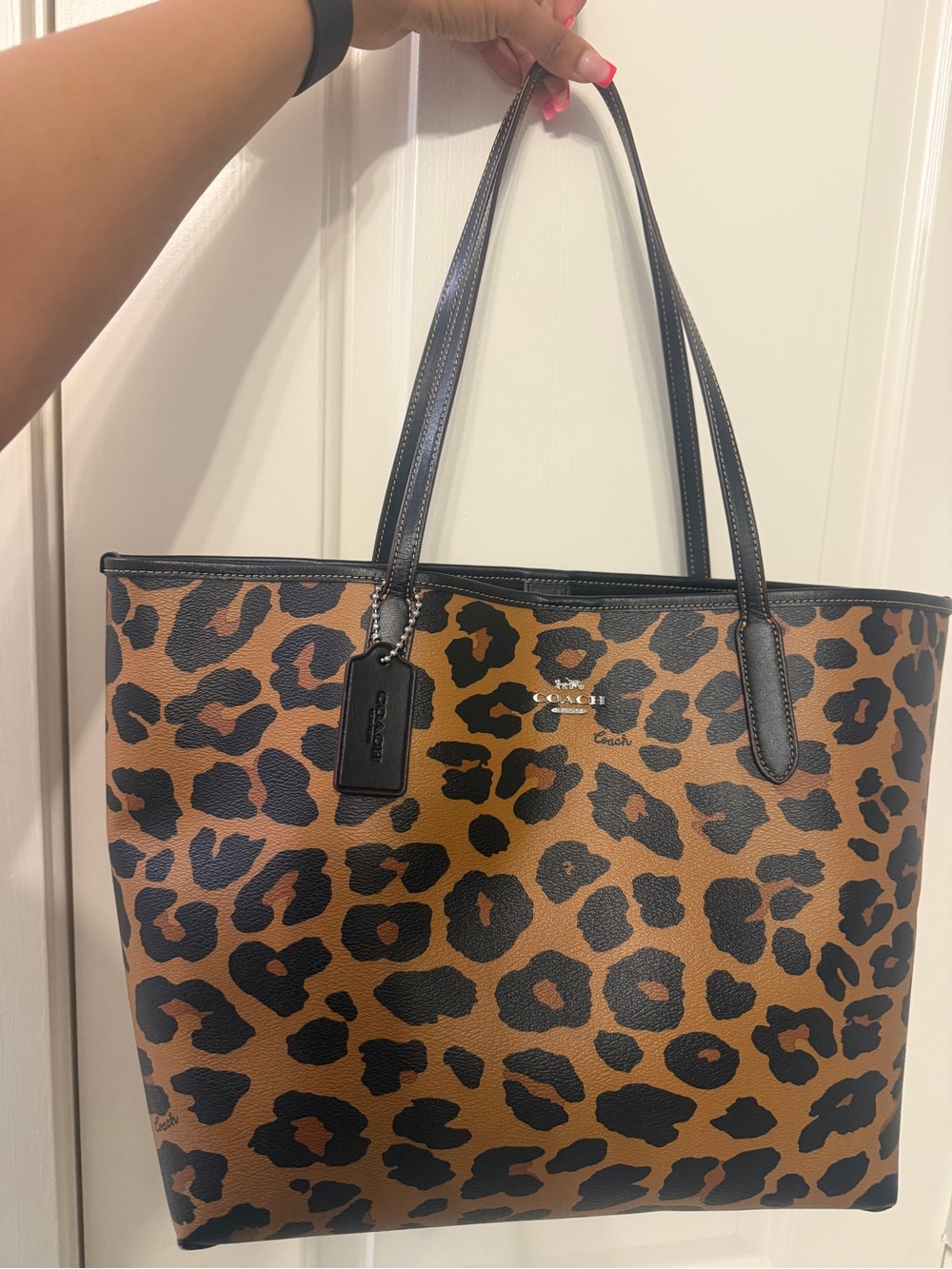 Coach Leopard Print City Tote Reversible Tote Bag Black Brown Animal Print